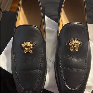 Versace Black Leather Loafers with Gold Medusa